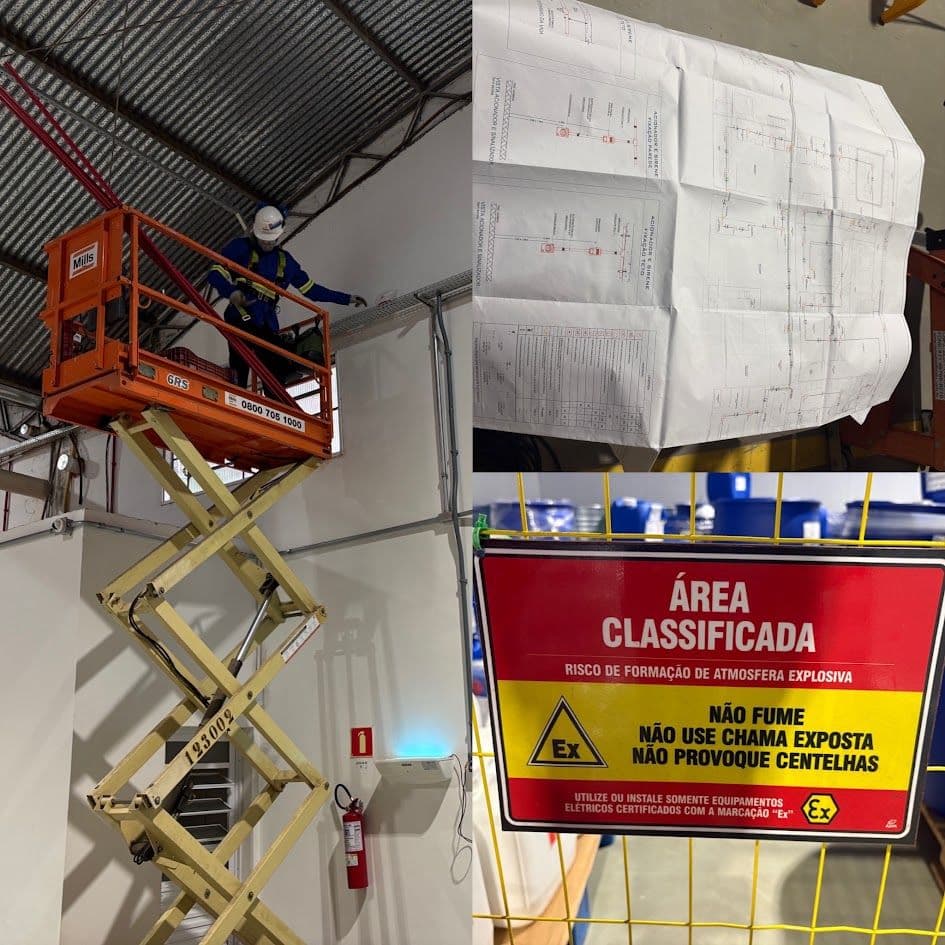 Técnicos em plataforma elevatória em área industrial classificada